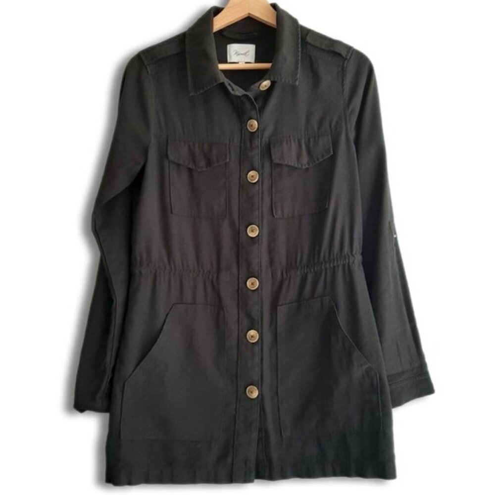KISMET Button Down Light Shirt Jacket Utility Roll-Up Sleeves Black Sz S
